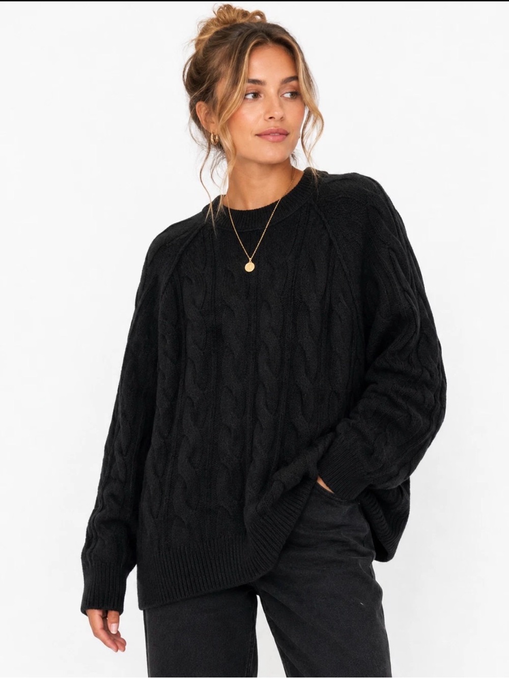 Aerie Black Cable Knit Oversized Sweater XXL NWT